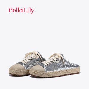 BellaLily新款亮片半包拖鞋外穿编织麻绳板鞋渔夫鞋休闲鞋