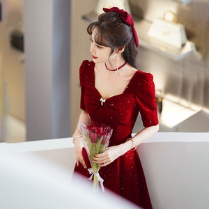 红色礼服敬酒服新娘丝绒订婚回门服便装裙子小个子连衣裙平时可穿