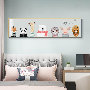 北欧儿童房装饰画横版现代简约长条动物壁画可爱猫狗卧室床头挂画