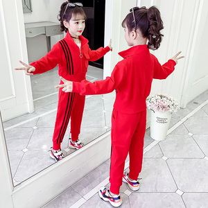 女童春装红色套装2024新款洋气大儿童春季时髦运动服小女孩春秋款