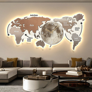 世界地图发光客厅装饰画LED灯光画现代轻奢沙发带挂钟表壁画挂画