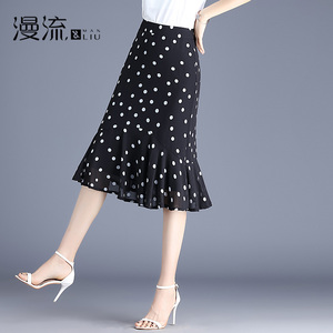 波点雪纺鱼尾裙女夏季小个子包裙2024年新款显瘦中长款半身裙薄款