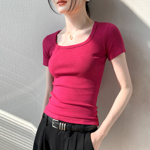 方领短袖T恤女2024新款修身漏锁骨体恤上衣正肩树莓色半袖打底衫