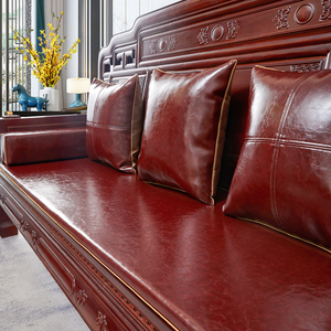新中式沙发坐垫仿皮PU皮防滑套罩红木椅子实木家具绣花座垫定做