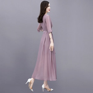 紫色气质修身中长裙连衣裙女2024春夏新款高级感开叉雪纺天丝长裙