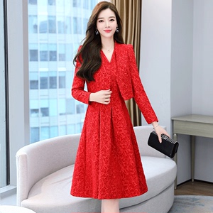 红色套装裙连衣裙2024年新款秋季女装气质名媛长袖两件套春秋裙子
