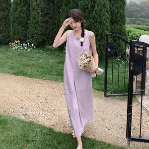 紫粉色无袖连衣裙2024新款夏纯色背心裙棉质长款裙子高级感A字裙