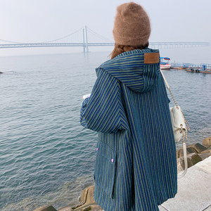 羊羔毛牛仔派克服女冬季中长款加绒加厚今年流行爆款条纹棉衣外套