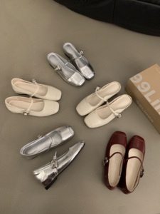 韩版一字带玛丽珍单鞋内增高女鞋夏季款法式银色半拖鞋包头凉拖女