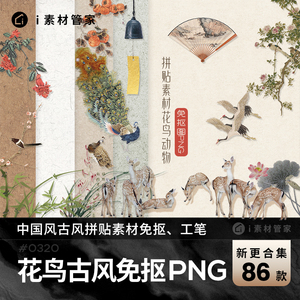 中国风古风拼贴素材免抠背景工笔画花鸟画植物花卉高清PNG图片