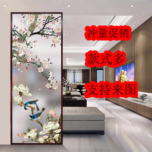 中式钢化艺术玻璃装饰客厅屏风隔断背景雕花彩绘磨砂双面透光定制