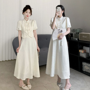 新中式国风绝美旗袍套装女夏季高级感气质盘扣上衣半身长裙两件套