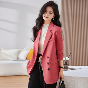 桃粉色西装外套女高级感2023春秋新款韩版宽松设计感气质休闲西服