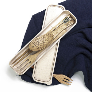 日式原木筷子勺子礼盒套装和风麦秸秆便携餐具木勺叉子实木筷勺叉