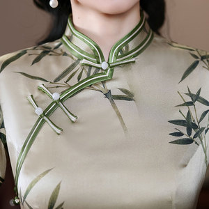 杭州真丝旗袍桑蚕丝高端重磅气质中长款年轻新中式送考绿色旗袍裙