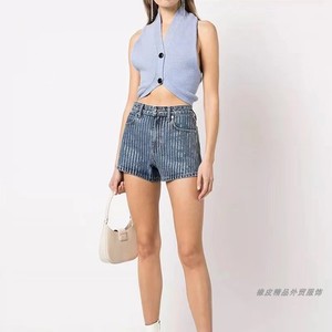 女式AW外贸白色蓝色烫钻设计侧部开叉高腰显瘦夏季阔腿牛仔短裤