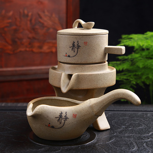 粗陶懒人石磨茶具单个旋转出水茶壶时来运转套装自动泡茶器礼盒装