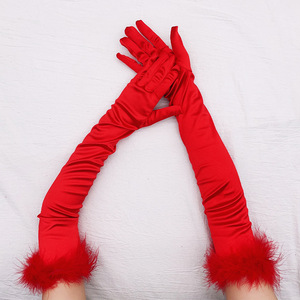 圣诞手套红色羽毛长款宴会舞台绒毛口袖套拉丁舞cosplay复古派对