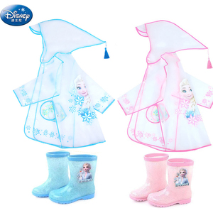 迪士尼儿童雨衣女童幼儿园学生透明雨披艾莎公主雨鞋套装小孩防水