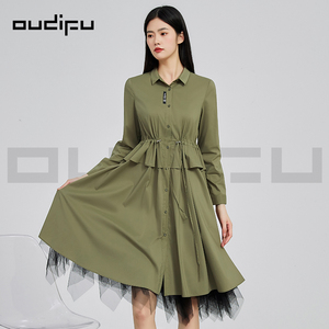 OUDIFU高端气质绿色连衣裙蕾丝边下摆衬衫长裙中长款裙子OP3DS803