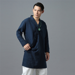 中国风男装秋季无领中式复古亚麻上衣中长款宽松盘扣长袖男士衬衫