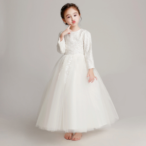 儿童礼服公主裙女童婚纱长袖钢琴表演服小花童蓬蓬纱长裙白色高端