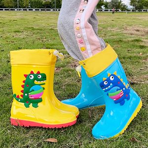四季通用儿童雨鞋卡通恐龙高筒雨鞋小学生中大童宝宝防水胶鞋加棉