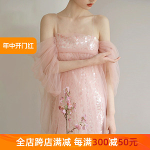 新中式晨袍女高级感粉色抹胸网纱连衣裙气质宴会人鱼姬轻纱晚礼服