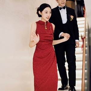 新中式晨袍女复古改良国风旗袍礼服新娘订婚迎宾出阁宴红色敬酒服