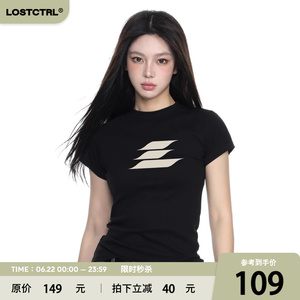 LOSTCTRL短款logo印花短袖T恤女夏季重磅纯棉圆领正肩紧身打底衫