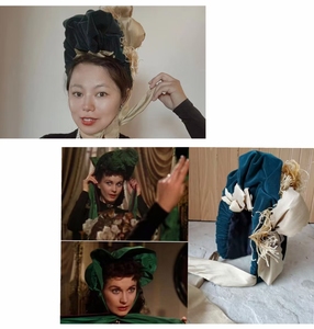 私藏嘚瑟 金与火Vintage孤品博物馆级《飘》绿天鹅绒bonnet古董帽