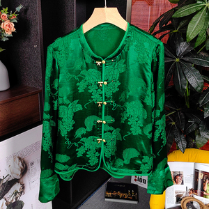 大牌专柜撤回女装新中式国风盘扣提花真丝上衣绿色衬衫桑蚕丝衬衣