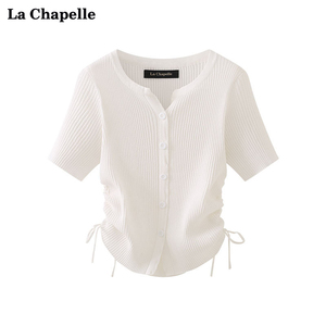 拉夏贝尔/La Chapelle圆领坑条抽绳针织短袖开衫女收腰修身上衣夏