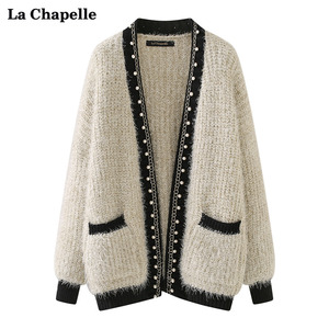 拉夏贝尔/La Chapelle春季蝙蝠型金丝粗针织开衫女宽松毛衣外套
