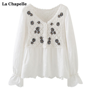 拉夏贝尔/La Chapelle刺绣拼接镂空白色衬衫衬衣女喇叭袖长袖上衣