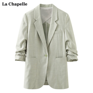 拉夏贝尔/La Chapelle七分袖西装外套浅绿质感宽松休闲西服女上衣