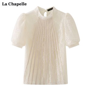 拉夏贝尔/La Chapelle复古立领网纱灯笼袖衬衫法式宫廷风短袖小衫