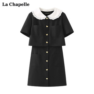 拉夏贝尔/La Chapelle法式撞色娃娃领爱心金扣短袖连衣裙假两件夏