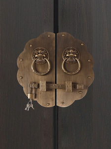 新中式仿古圆形别墅大门铜把手门锁门闩复古纯铜实木门环黄铜拉手