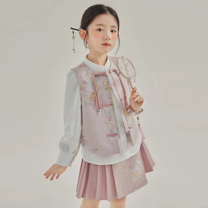 女童装春秋时髦洋气套裙儿童女孩中国风盘扣马甲衬衫半身裙三件套
