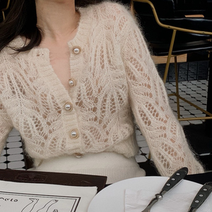 法式马海毛春款白色镂空薄款针织开衫2021年新款毛衣外套女上衣