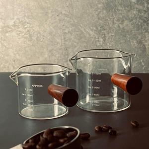木柄玻璃小奶盅浓缩咖啡玻璃杯刻度量杯双嘴分享壶拿铁杯迷你奶缸