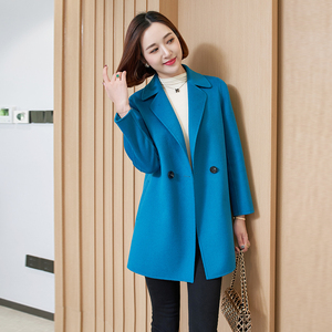 双面羊绒大衣女中长款2023秋季新款韩版蓝色呢子小个子羊毛呢外套