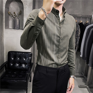 新款个性半边条纹男士长袖衬衫春季休闲轻熟风潮流韩版修身衬衣潮
