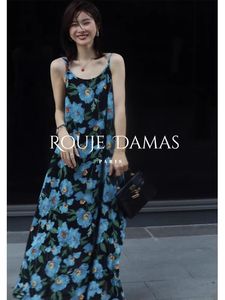 Rouje Damas法式度假长裙质感高级感蓝色花色无袖吊带连衣裙女夏