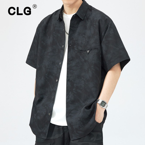 香港潮牌黑色日系工装休闲短袖衬衫男夏季印花宽松半袖外套半截袖