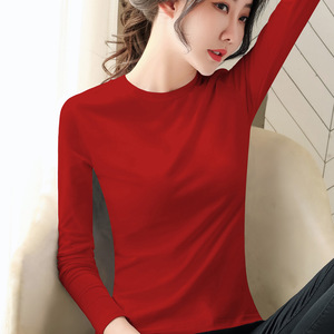 大红色半高领打底衫女长袖2023新款洋气百搭潮体恤纯棉修身秋上衣