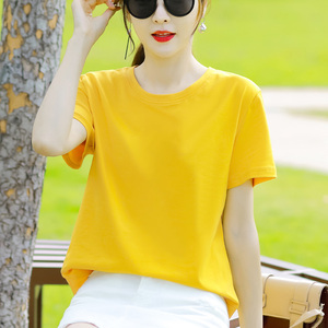 夏季纯棉短袖t恤女装2023年新款宽松纯色上衣服黄色内搭夏装女士