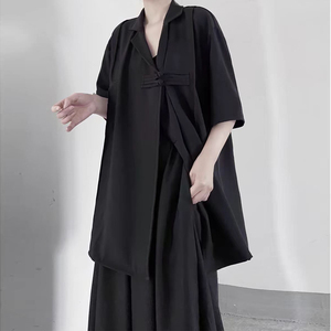 黑暗系赫本文艺风新中式复古盘扣黑色短袖衬衫女夏小众设计感上衣