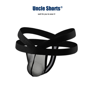 Uncle Shorts黑色性感三角丁字裤男镂空网眼绑带提臀U型低腰内裤